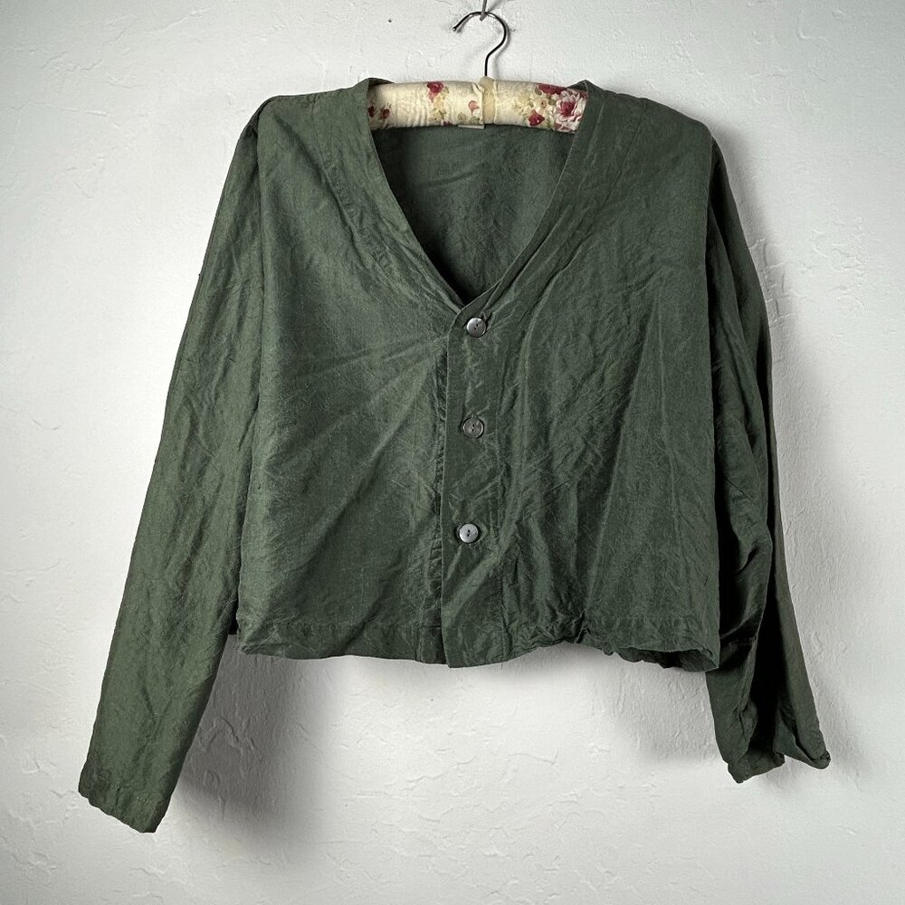 Vintage Blue Fish Women Green Silk Crinkle Cropped Blazer/Top Size 2 Lightweight